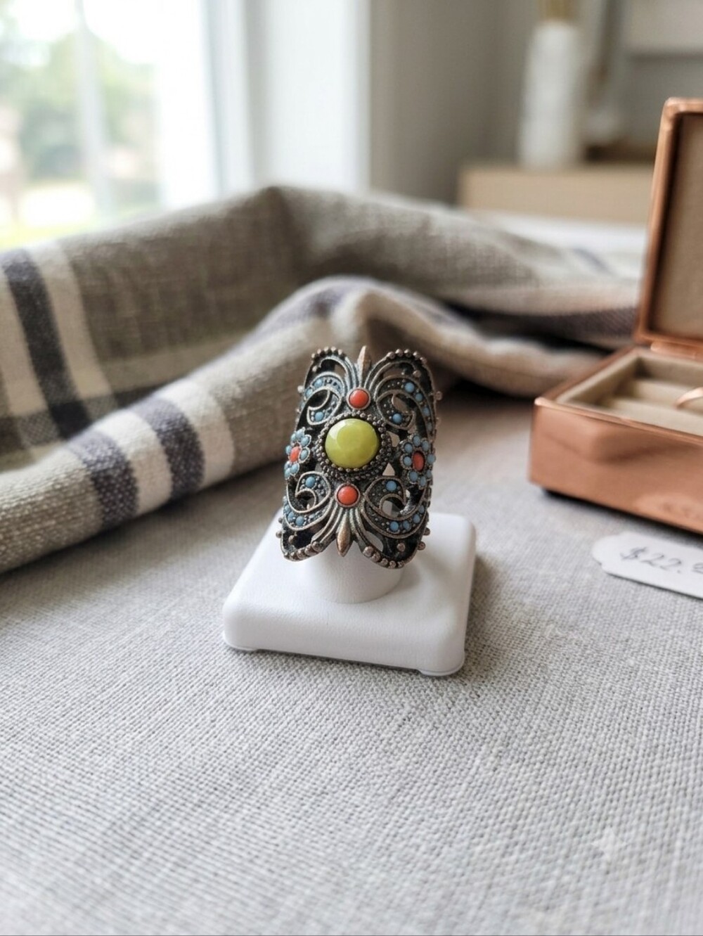 Vintage Tibetan Coral & Turquoise in Silvery Brass Statement Ring, Size 8